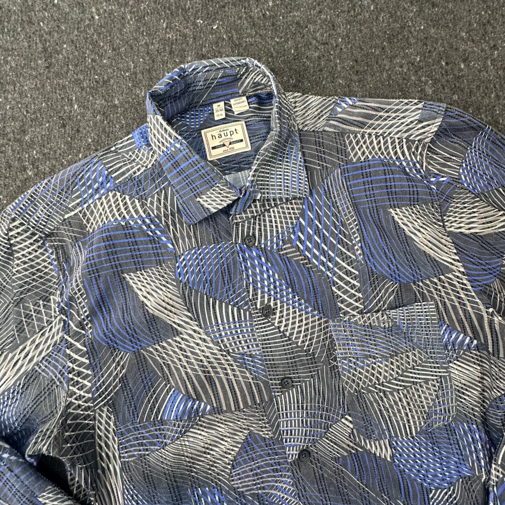 Haupt Button Down Shirt Men Medium Blue Grey Abstract Geometric Long Sleeve